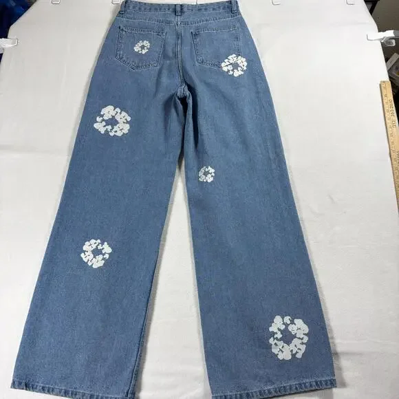 EGO Womens 6 High Rise Wide Leg Painted Floral Medium Wash Denim Jeans Y2K Style - Picture 8 of 8